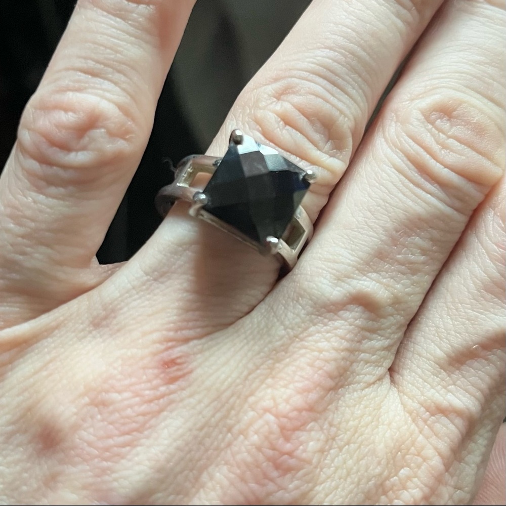 Silver ring with red square stone